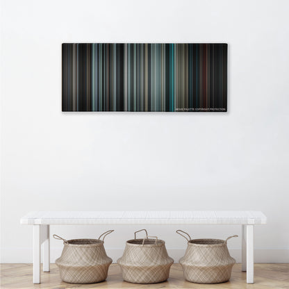 Insidious color palette canvas above a white bench with three woven baskets