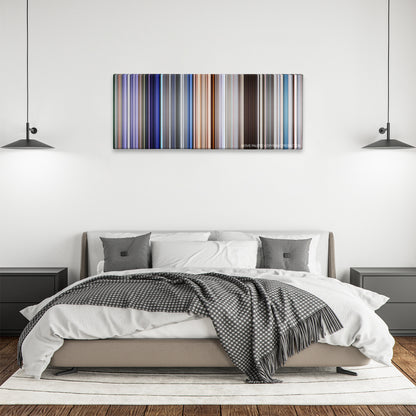 Solaris color palette canvas above a bed, between two black pendant lamps