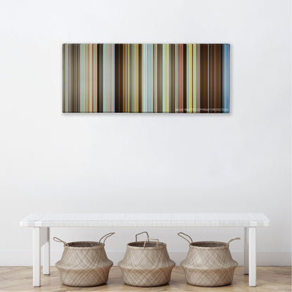 Sing Street color palette canvas above a white bench with three woven baskets