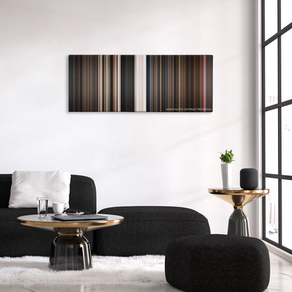 Little Shop of Horrors color palette canvas above a black sofa with a gold-topped table