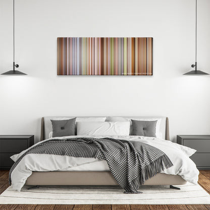 A Room with a View color palette canvas above a bed, between two black pendant lamps