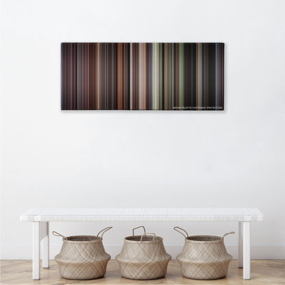 Donnie Brasco color palette canvas above a white bench with three woven baskets