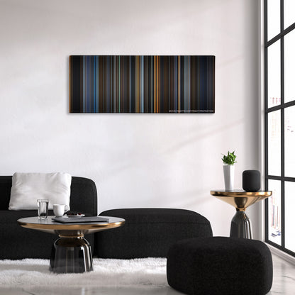 V for Vendetta color palette canvas above a black sofa with a gold-topped table