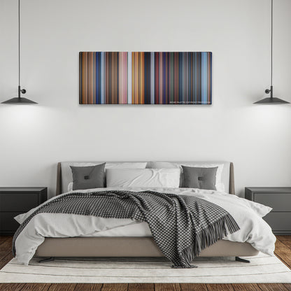 Pinocchio color palette canvas above a bed, between two black pendant lamps