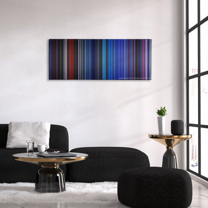TRON color palette canvas above a black sofa with a gold-topped table