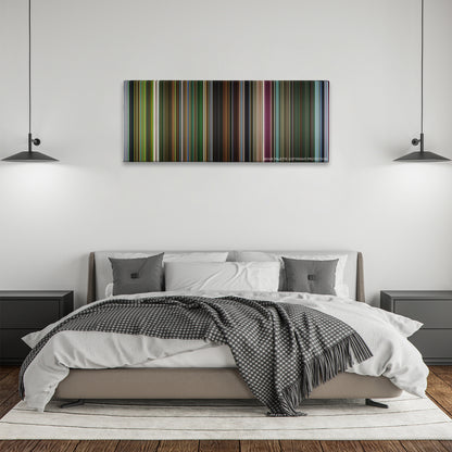 Oldboy color palette canvas above a bed, between two black pendant lamps