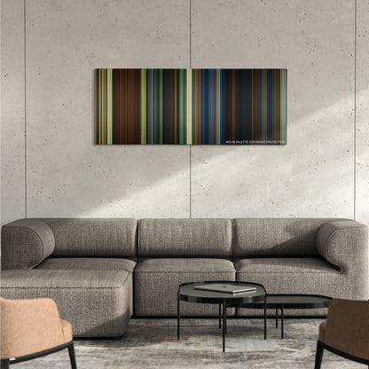 The Hobbit: An Unexpected Journey color palette canvas on a concrete wall above a gray sectional sofa