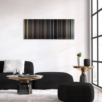 American Graffiti color palette canvas above a black sofa with a gold-topped table