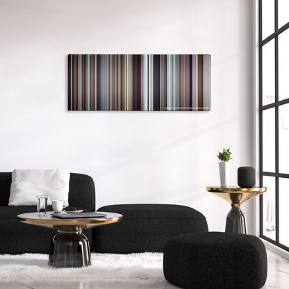 Harold and Maude color palette canvas above a black sofa with a gold-topped table