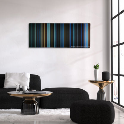 War for the Planet of the Apes color palette canvas above a black sofa with a gold-topped table