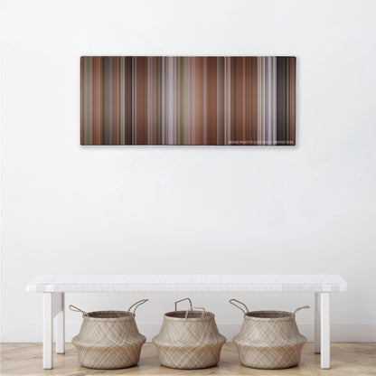 Liar Liar color palette canvas above a white bench with three woven baskets