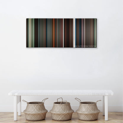 Alice in Wonderland color palette canvas above a white bench with three woven baskets