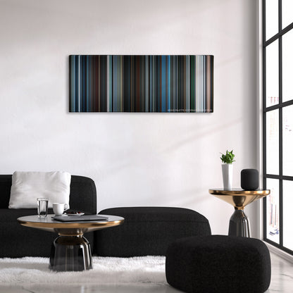 Star Trek Beyond color palette canvas above a black sofa with a gold-topped table