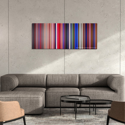 Suspiria color palette canvas on a concrete wall above a gray sectional sofa