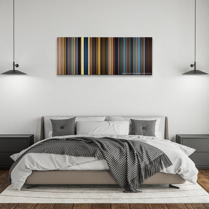 Guardians of the Galaxy Vol. 2 color palette canvas above a bed, between two black pendant lamps