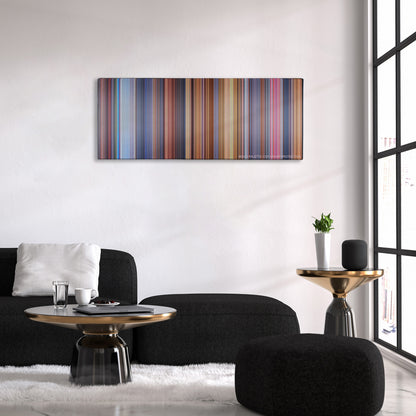 Austin Powers: International Man of Mystery color palette canvas above a black sofa with a gold-topped table