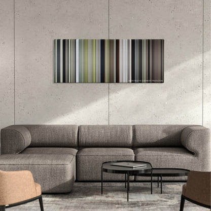 The Peanut Butter Falcon color palette canvas on a concrete wall above a gray sectional sofa