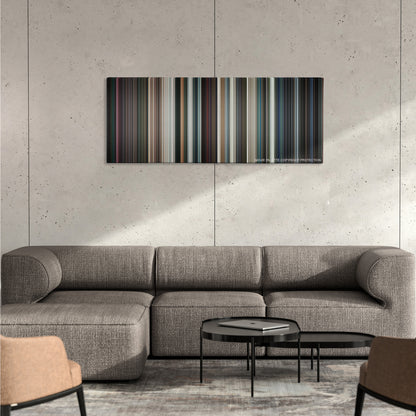 Iron Man 2 color palette canvas on a concrete wall above a gray sectional sofa