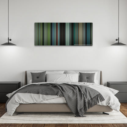 Okja color palette canvas above a bed, between two black pendant lamps