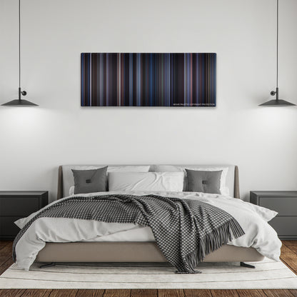 Lost in Translation color palette canvas above a bed, between two black pendant lamps