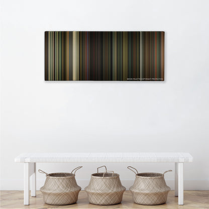 The Nice Guys color palette canvas above a white bench with three woven baskets
