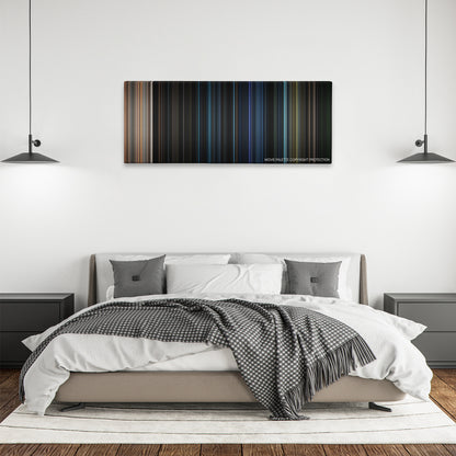 Quarantine color palette canvas above a bed, between two black pendant lamps
