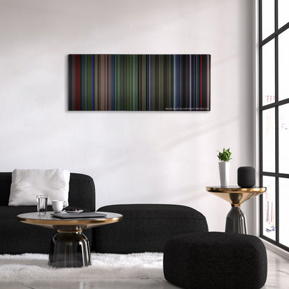 Predator color palette canvas above a black sofa with a gold-topped table