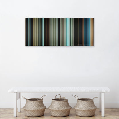 Pirates of the Caribbean: Dead Men Tell No Tales color palette canvas above a white bench with three woven baskets