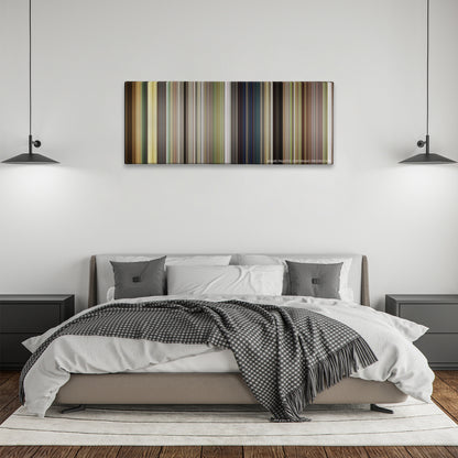 The Internship color palette canvas above a bed, between two black pendant lamps