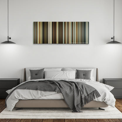 About Time color palette canvas above a bed, between two black pendant lamps