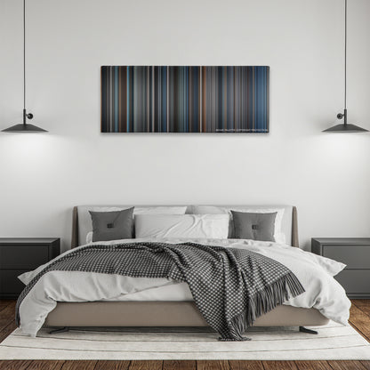 Sleepy Hollow color palette canvas above a bed, between two black pendant lamps