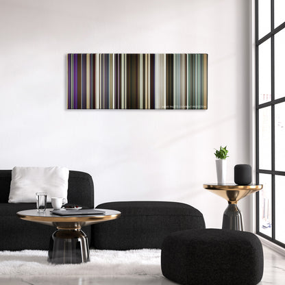 Hustlers color palette canvas above a black sofa with a gold-topped table