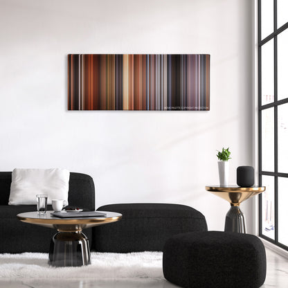 Time Bandits color palette canvas above a black sofa with a gold-topped table