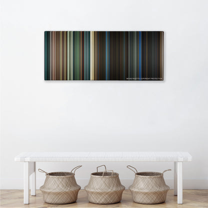 Jurassic World: Fallen Kingdom color palette canvas above a white bench with three woven baskets