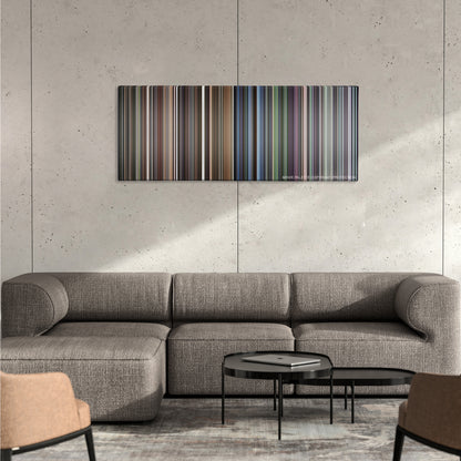 Requiem for a Dream color palette canvas on a concrete wall above a gray sectional sofa