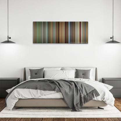 The Science of Sleep color palette canvas above a bed, between two black pendant lamps