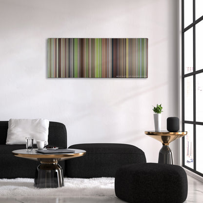 Me, Myself & Irene color palette canvas above a black sofa with a gold-topped table