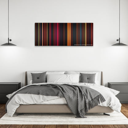 Mandy color palette canvas above a bed, between two black pendant lamps