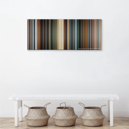 Clash of the Titans color palette canvas above a white bench with three woven baskets
