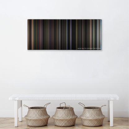 American Graffiti color palette canvas above a white bench with three woven baskets