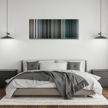 I, Robot color palette canvas above a bed, between two black pendant lamps