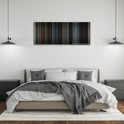 Godzilla color palette canvas above a bed, between two black pendant lamps