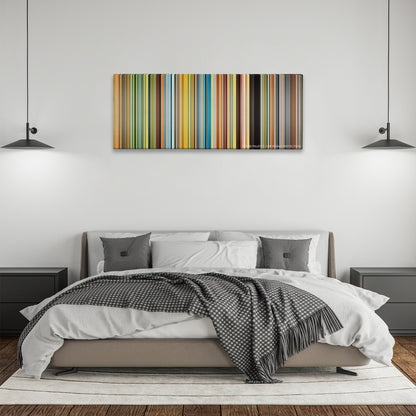 Primer color palette canvas above a bed, between two black pendant lamps