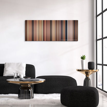 Father of the Bride color palette canvas above a black sofa with a gold-topped table