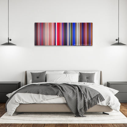 Suspiria color palette canvas above a bed, between two black pendant lamps