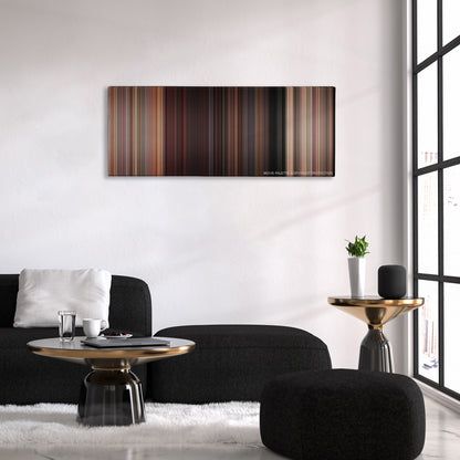 Sixteen Candles color palette canvas above a black sofa with a gold-topped table