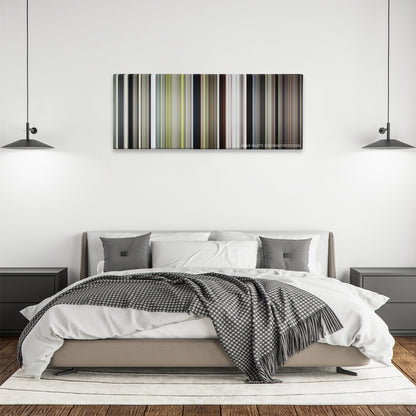 The Peanut Butter Falcon color palette canvas above a bed, between two black pendant lamps