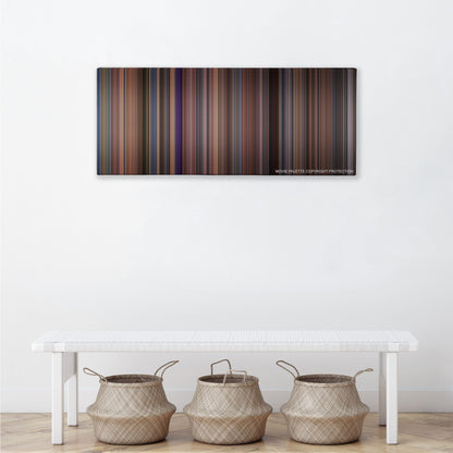 Coming to America color palette canvas above a white bench with three woven baskets