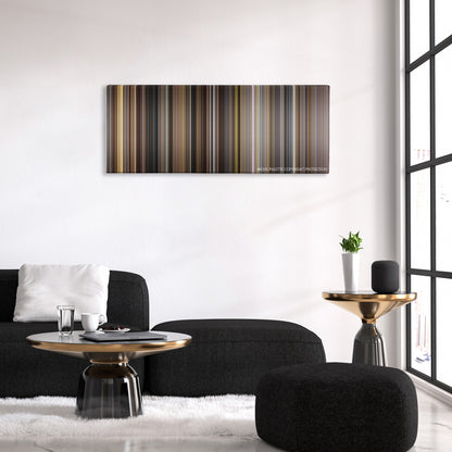 Rudy color palette canvas above a black sofa with a gold-topped table