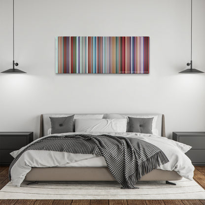 Despicable Me color palette canvas above a bed, between two black pendant lamps